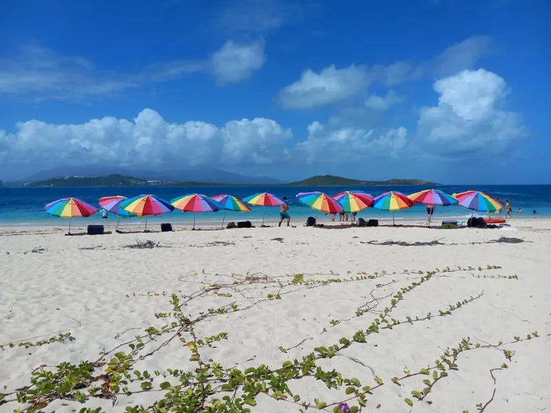 Visitors relaxing on the white sand beach of Icacos Island on a boat trip and beach day package from Fajardo, Puerto Rico