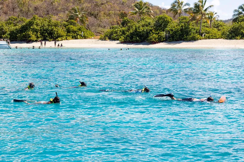 A snorkeler exploring the Cordillera Nature Reserve coral reef near Icacos Island on a boat tour from Fajardo, Puerto Rico