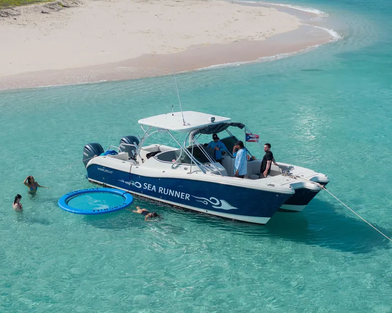 A private power catamaran anchored off Icacos Island on a charter trip from Fajardo, Puerto Rico